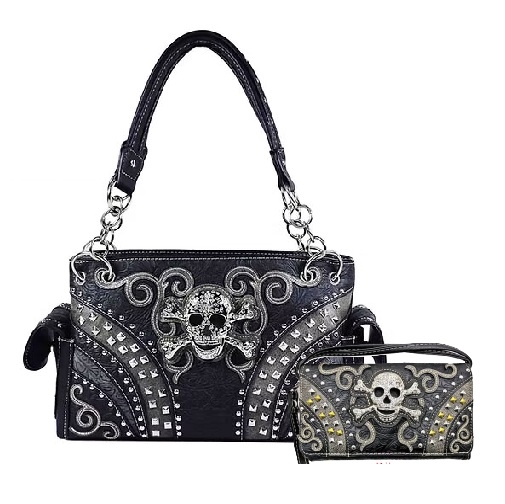 Black Western Concealed Carry Skull Concho Studded Purse & Wallet Set